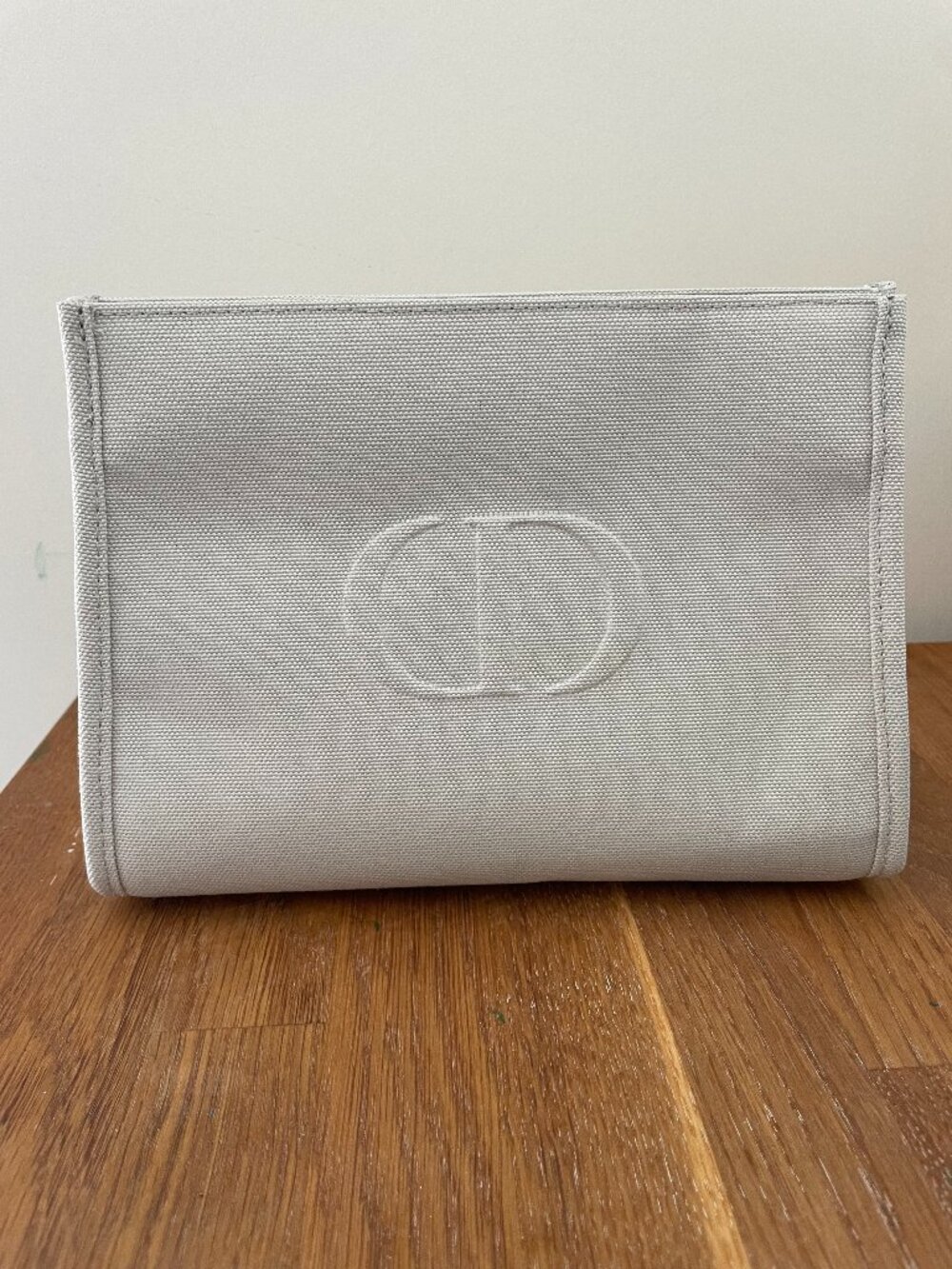 Christian Dior Gray Canvas Makeup Bag Clutch Embossed CD Logo Magnetic Closure